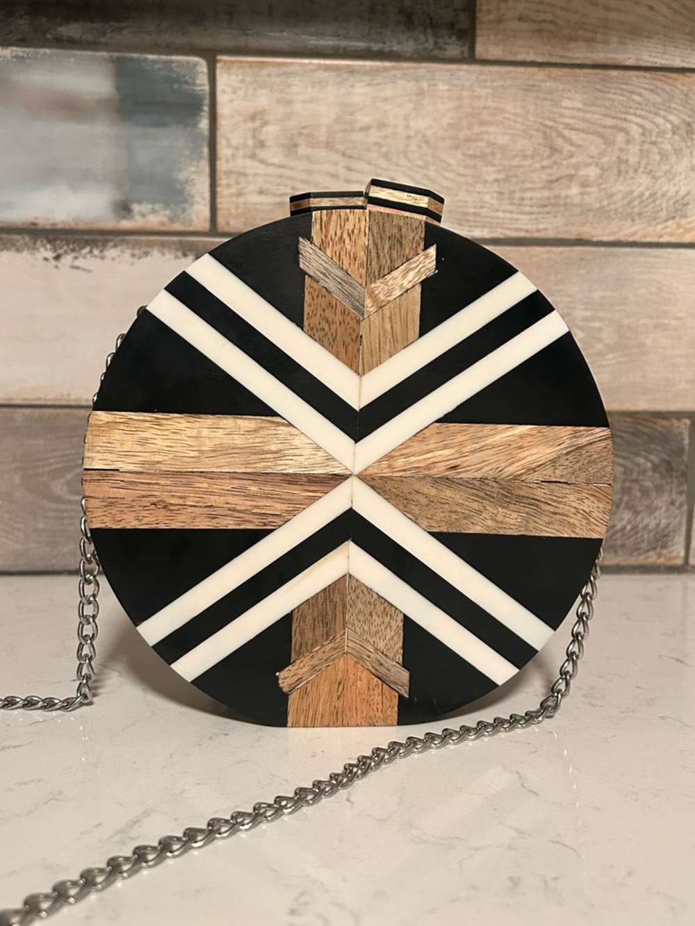 Zara Wooden Crossbody Clutch Handbag with Black and White Geometric Wood Inlay
